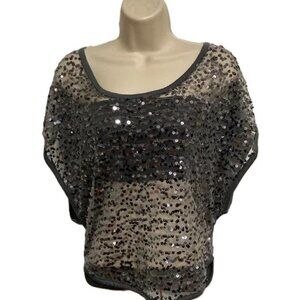 RHAPSODY Shiny Bling Party Blouse Pullover Gray Short Sleeves Blouse Medium